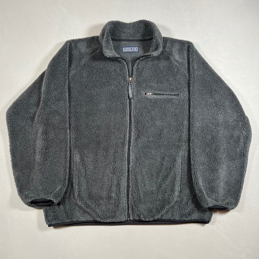Vintage Lands End Deep Pile Fleece Sherpa Jacket Mens XL Gray Full Zip 90s